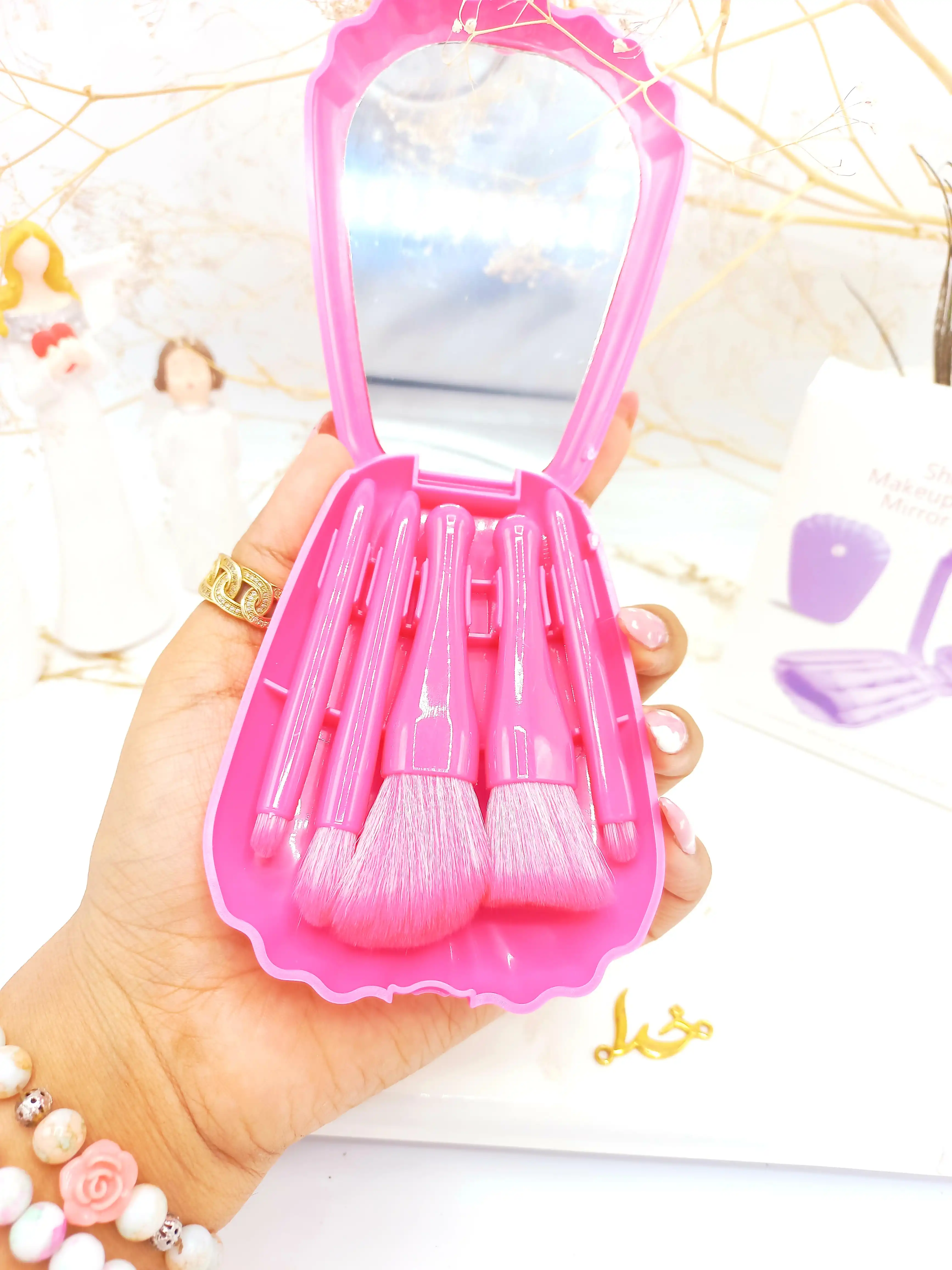 ست براش 5 تیکه باکس دار صدفی آینه دار سرخابی